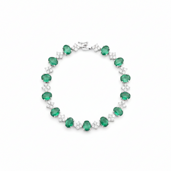 Oval cut Natural Zambian Emerald and Diamond Bracelet - 18K Solid Gold May Birthstone