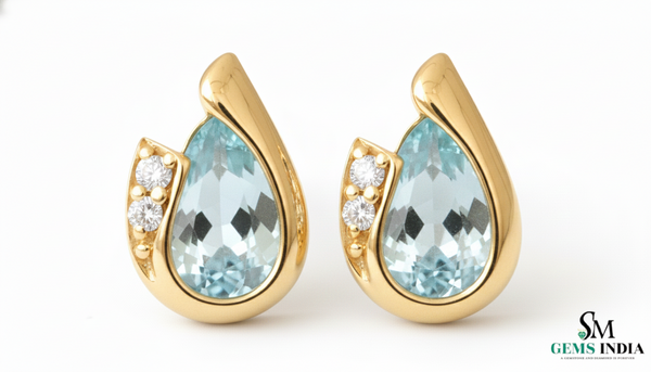 Pear Cut Aquamarine Diamond Stud Earrings in 14k and 18k Gold – March Birthstone