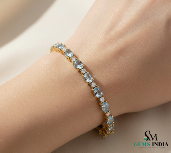 Oval Shape Aquamarine Tennis Bracelet in 14k and 18k Gold - Minimalist Gold Jewelry