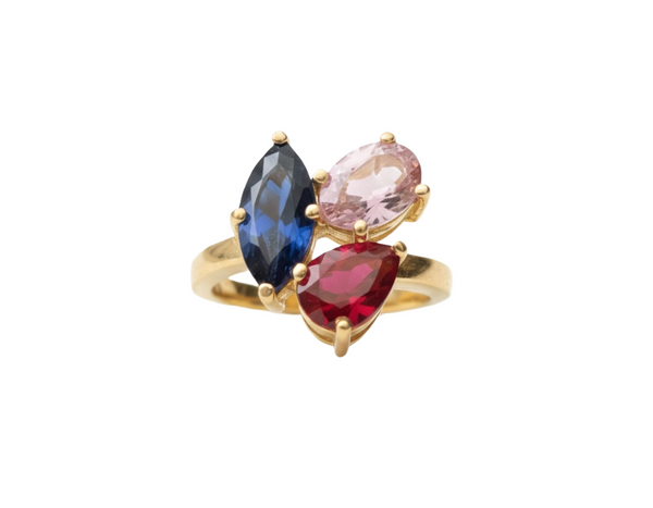 Doppelter Smaragd-Ring in offenem Design aus 14 Karat Gold – Band mit quadratisch und rund geschliffenen grünen Edelsteinen