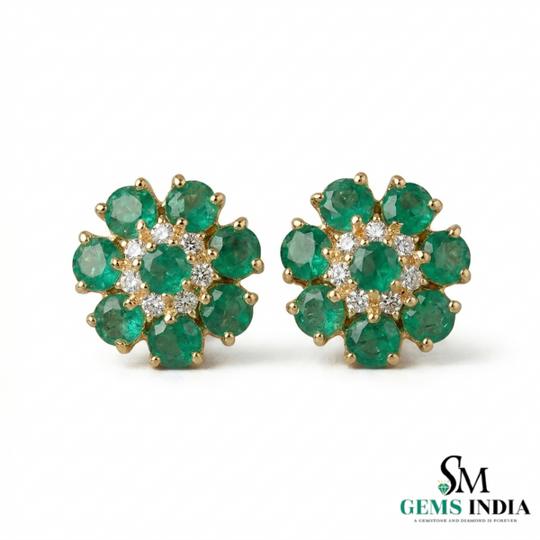 Luxury Round Emerald Cluster Stud Earrings – Diamond Floral Fine Jewelry
