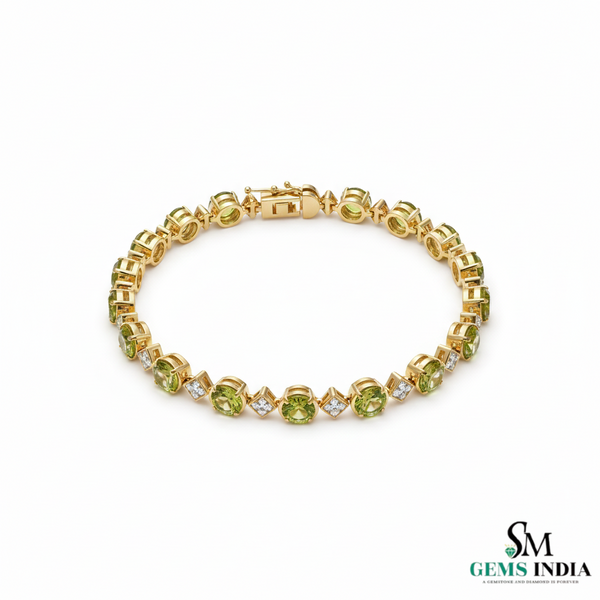 Natural Peridot & Diamond Tennis Bracelet - Elegant Green Gemstone Bracelet