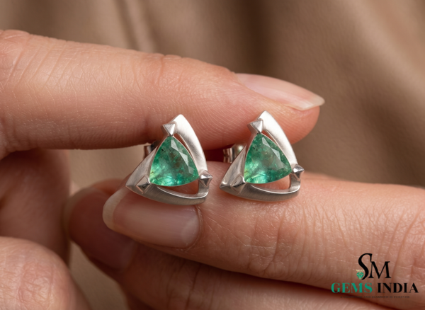 Trillion Cut Triangle shape Natural Emerald Stud Earrings in 14k gold Bold Geometric Earrings