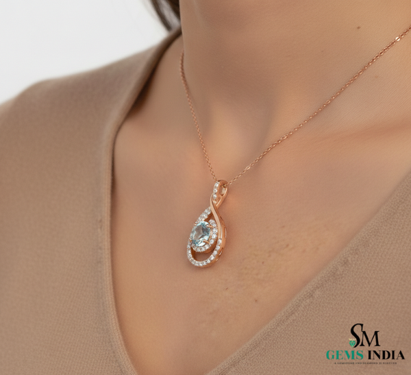 Classic Round Aquamarine Diamond Swirl Teardrop Pendant