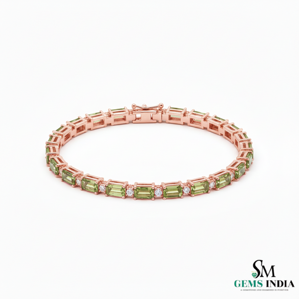 Elegant Emerald Cut Green Gemstone & Diamond Tennis Bracelet