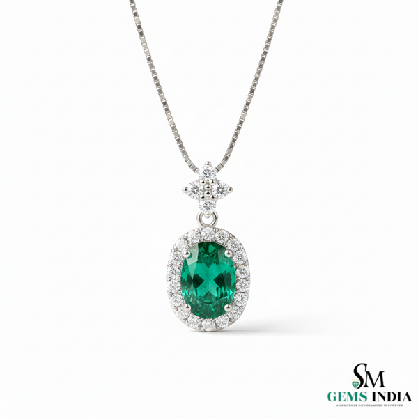 Oval Cut Natural Emerald Pendant with Diamond Halo Gemstone pendant for women