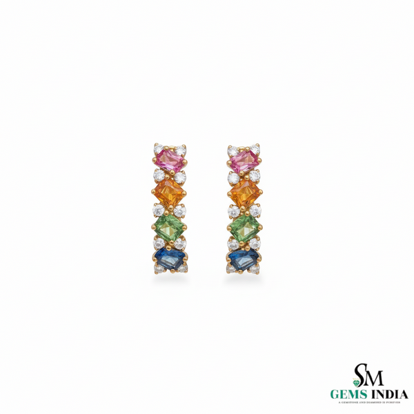 Emerald cut Rainbow Sapphire & Diamond Vertical Drop Stud Earrings