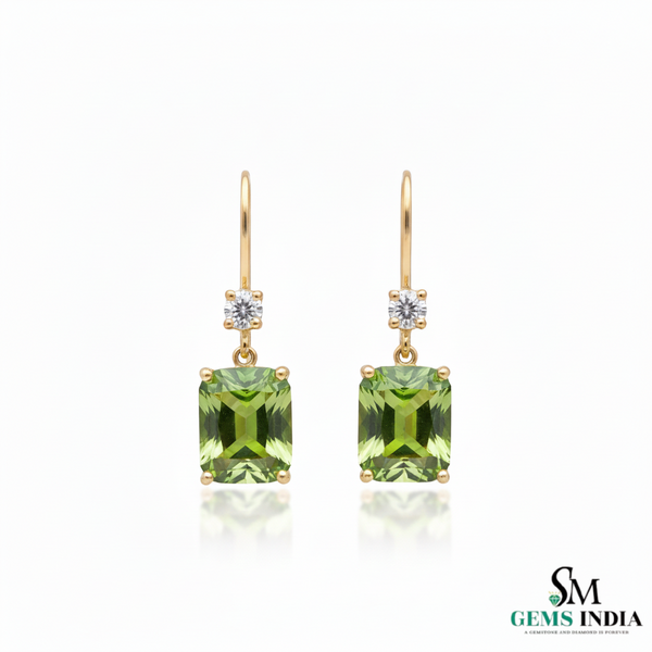 Emerald Cut Natural Peridot Diamond Dangle Earrings - Fine Jewelry Earrings