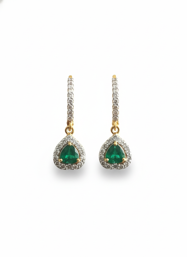 Heart shape Natural Emerald Halo Drop Earrings in 14k Gold Fine Diamond Dangles