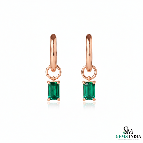 Emerald Cut Emerald Drop Hoop Earrings in Gold – Dainty Emerald Huggie Earrings