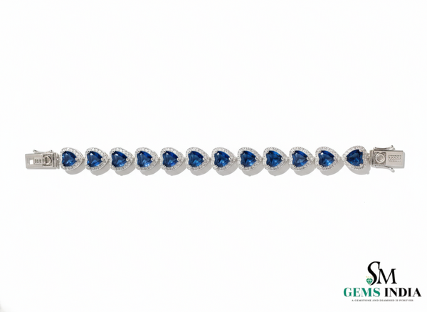 Heart Shape Lab Grown Blue Sapphire & Diamond Halo Bracelet - Romantic gift for her
