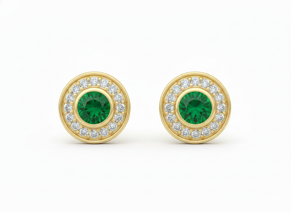 Round Natural Emerald & Diamond Halo Stud Earrings Fine White Gold Jewelry