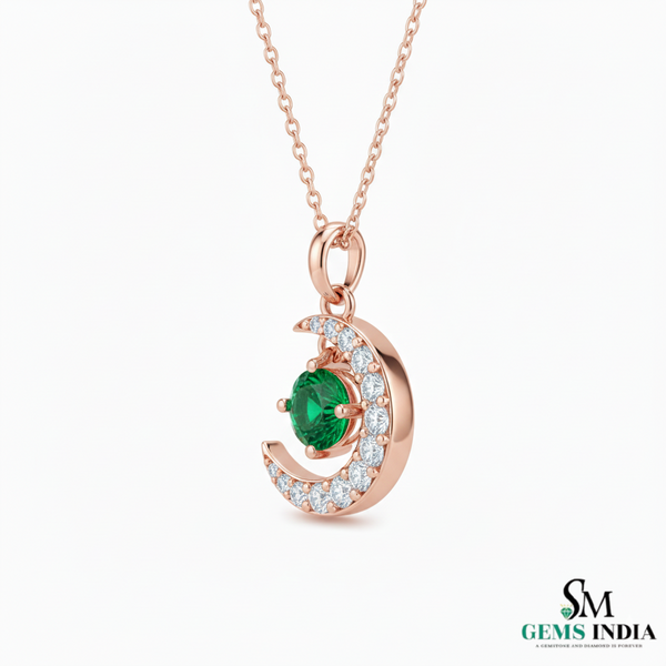 Crescent Moon Round Natural Emerald Pendant in 18k Gold Minimalist Birthstone Jewelry