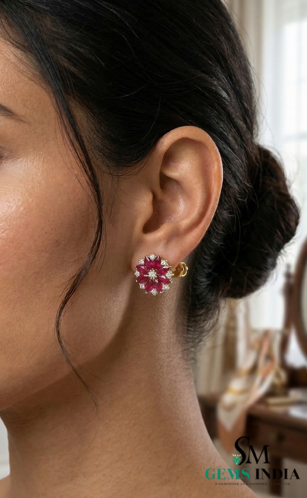 Marquise Ruby Flower Stud Earrings with Diamonds - July Birthstone Jewelry