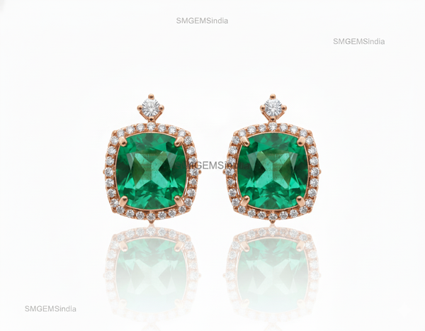 Cushion Cut Natural Emerald Halo Stud Earrings in 14K Gold Green Gemstone Gift for her&nbsp;