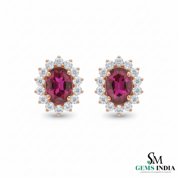 Vintage style Oval cut Natural Ruby Diamond Stud Earrings Gift for Her