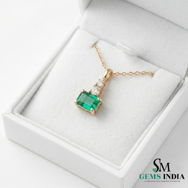 Emerald Cut Green Emerald Pendant with Double Round Diamond Accent
