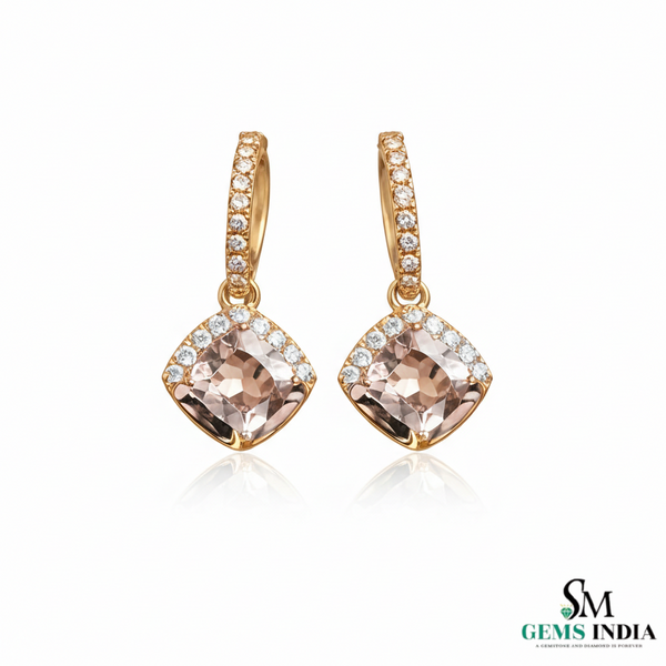 Cushion-Cut Morganite Diamond Dangle Hoop Earrings - Wedding hoop drop earrings