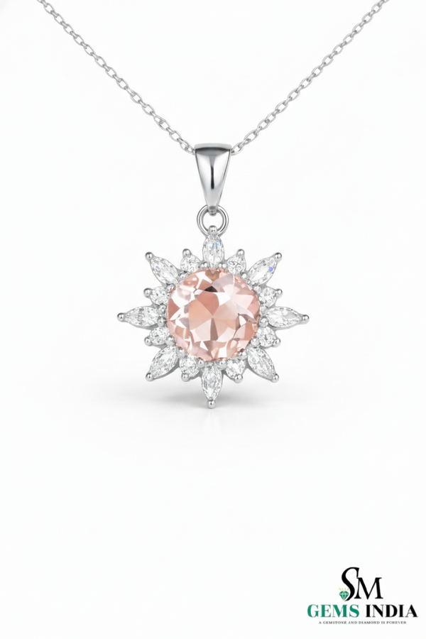 Round Pink Morganite & Diamond Halo Pendant - Morganite Diamond Pendant