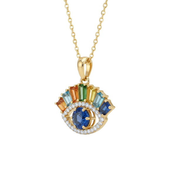 Rainbow Evil Eye Pendant Multicolor Baguette Gemstones in Gold