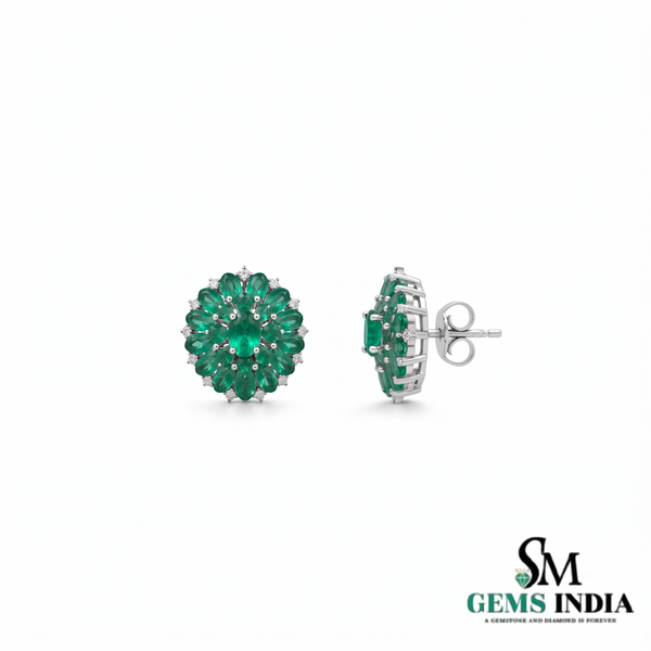 Oval Cut Emerald Green Bloom Stud Earrings with Diamond Accents