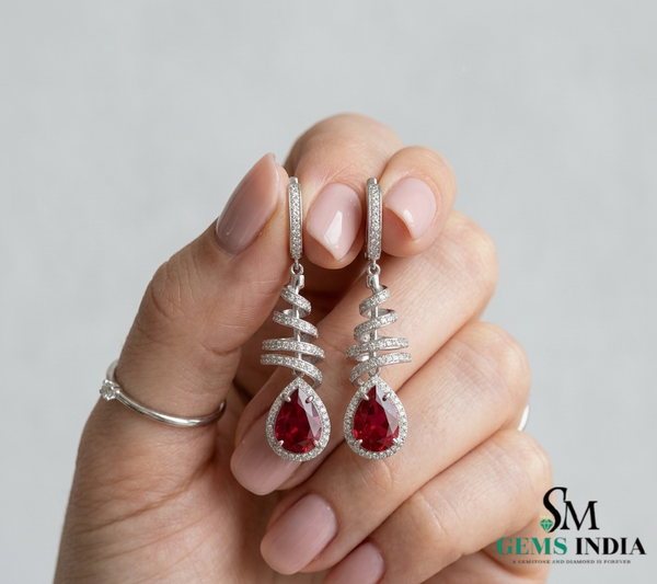 Teardrop Ruby Dangle Earrings with Diamond Spiral Design - Ruby Jewelry for Women