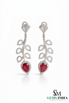 Pear Cut Ruby & Diamond Leaf Drop Earrings - Elegant Ruby Dangle Statement Earrings for Women