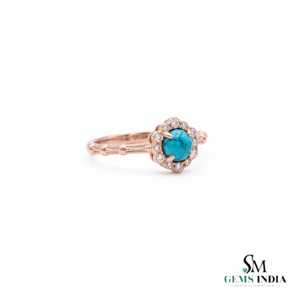 Round Turquoise Ring With Diamond Halo –Elegant Fine Jewelry
