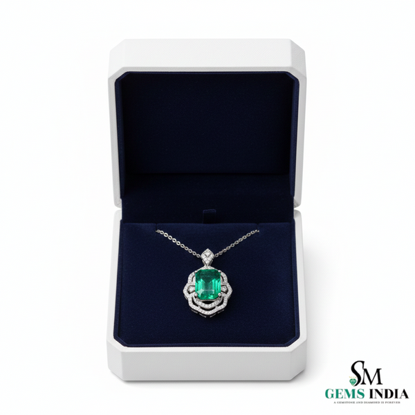 Emerald Cut Emerald Diamond Vintage Style Halo Pendant