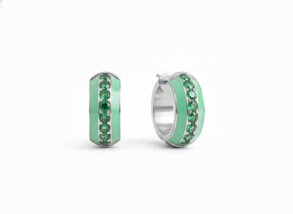 Green Enamel Huggie Hoop Earrings with Sparkling Green Stones Round Green Gemstones