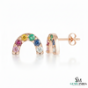 Multicolor Sapphire Rainbow Arch Stud Earrings – Diamond Accent Minimalist Curve Earrings for Women