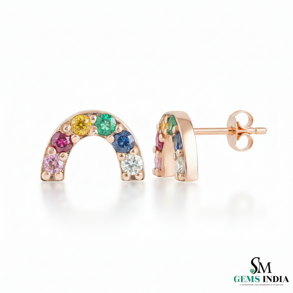 Multicolor Sapphire Rainbow Arch Stud Earrings – Diamond Accent Minimalist Curve Earrings for Women