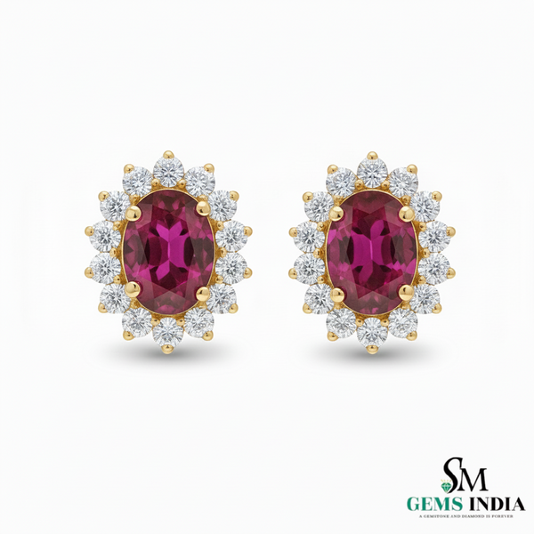 Vintage style Oval cut Natural Ruby Diamond Stud Earrings Gift for Her