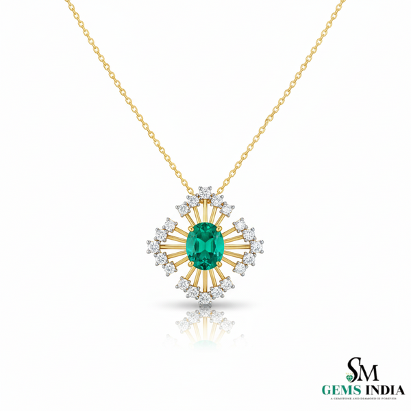 Radiant Oval Natural Emerald & Diamond Sunburst Pendant Diamond Burst Design