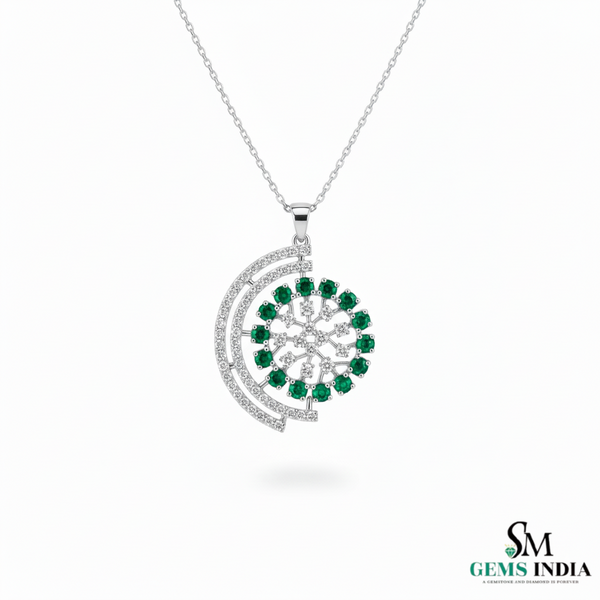 Round Natural Emerald; Diamond Spiral Flower Pendant in 18K Gold