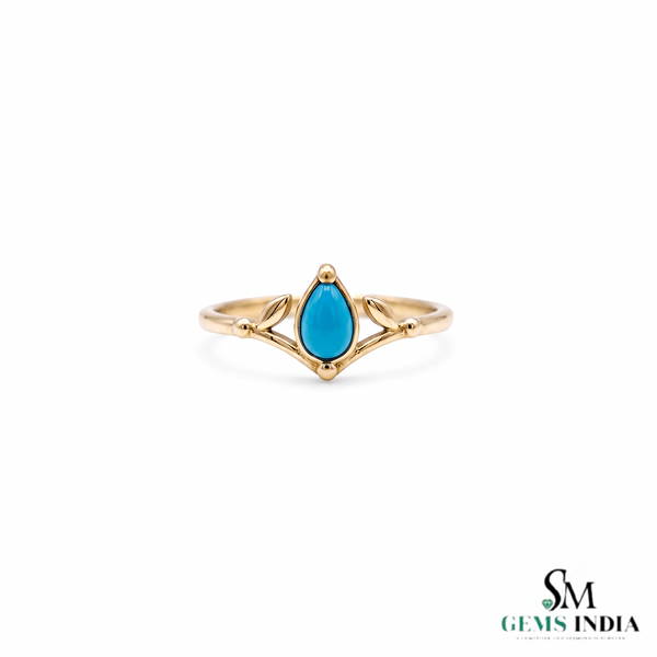 Teardrop Turquoise Ring With Leaf Accent Details – Blue Turquoise Statement Ring