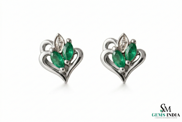 Marquise Emerald Heart Shaped Gold Stud Earrings