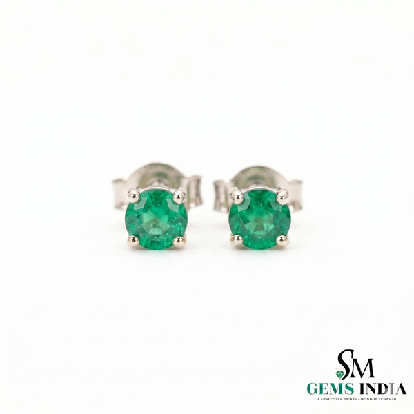 Round Cut Emerald Stud Earrings in 14K Gold Minimal - Fine Jewelry Gift for Women
