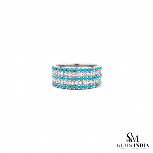 Turquoise Beaded Band Ring With Diamond Accent Rows - Gift For Her