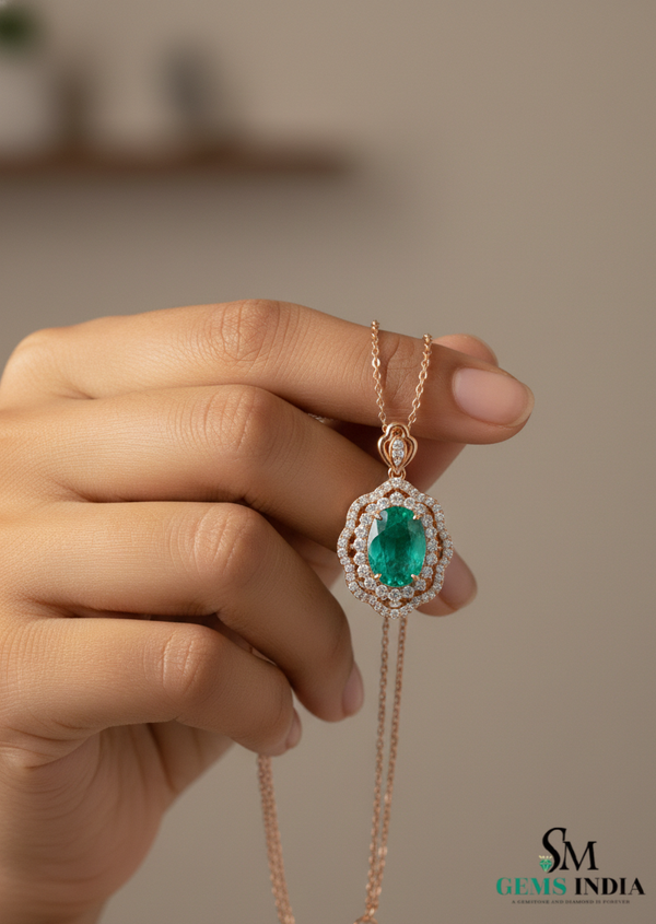 Natural Oval Emerald Diamond Halo Pendant - Fine Emerald Jewelry for Women