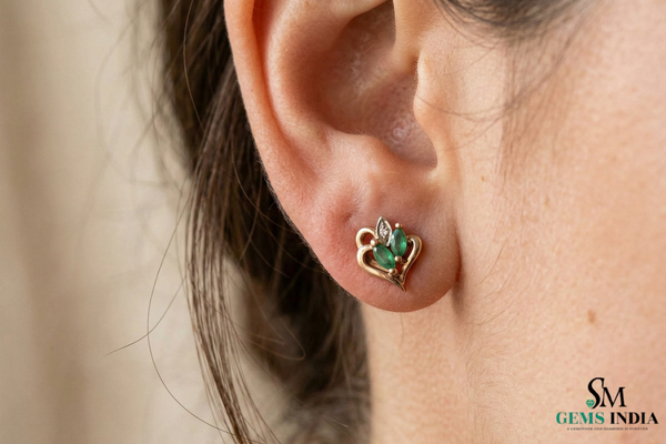 Marquise Emerald Heart Shaped Gold Stud Earrings