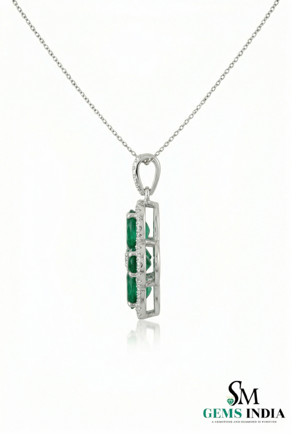 Oval Emerald Cluster Clover Pendant with Diamond Halo in Gold