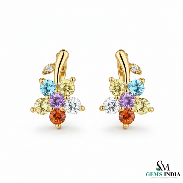 Multicolor Gemstone Flower Drop Earrings– Diamond Accent Floral Cluster Dangle Earrings for Women
