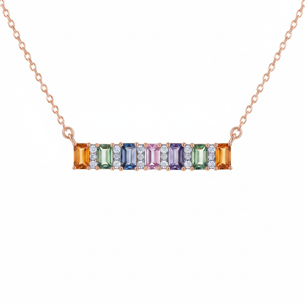 Rainbow Bar Necklace in 14k Gold Emerald Cut Multicolor Pendant
