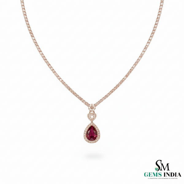 Pear Cut Ruby & Diamond Drop Necklace in 14k and 18k Gold