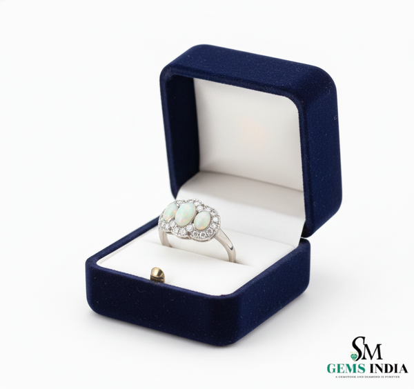 Oval and round Opal Diamond Halo Ring Vintage Style Gemstone Ring