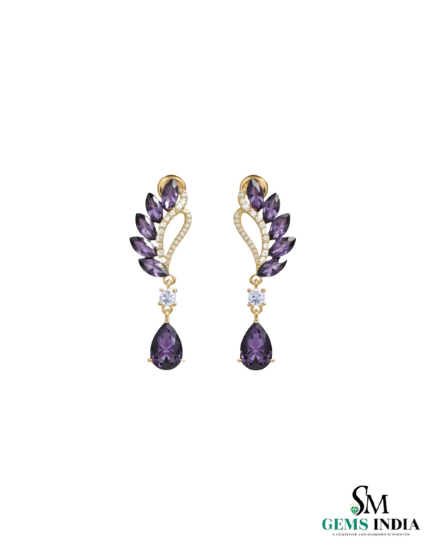 Marquise Cut and Pear Amethyst & Diamond Leaf Drop Earrings in 14K; Gold