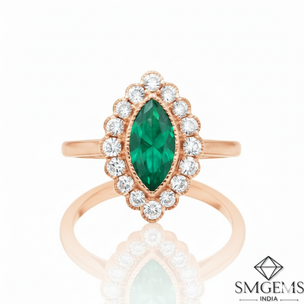 Classic Emerald Halo Ring Marquise Cut Green Stone in 14K Gold Fine Jewlery Gift for Her
