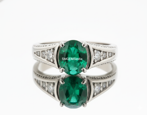 3.20 carat Oval cut Natural Emerald & Diamond Accent Ring with Split Shank Band