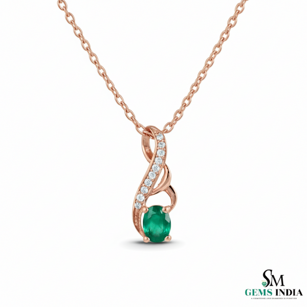 Natural Green Emerald Oval Pendant with Diamond Curve Design
